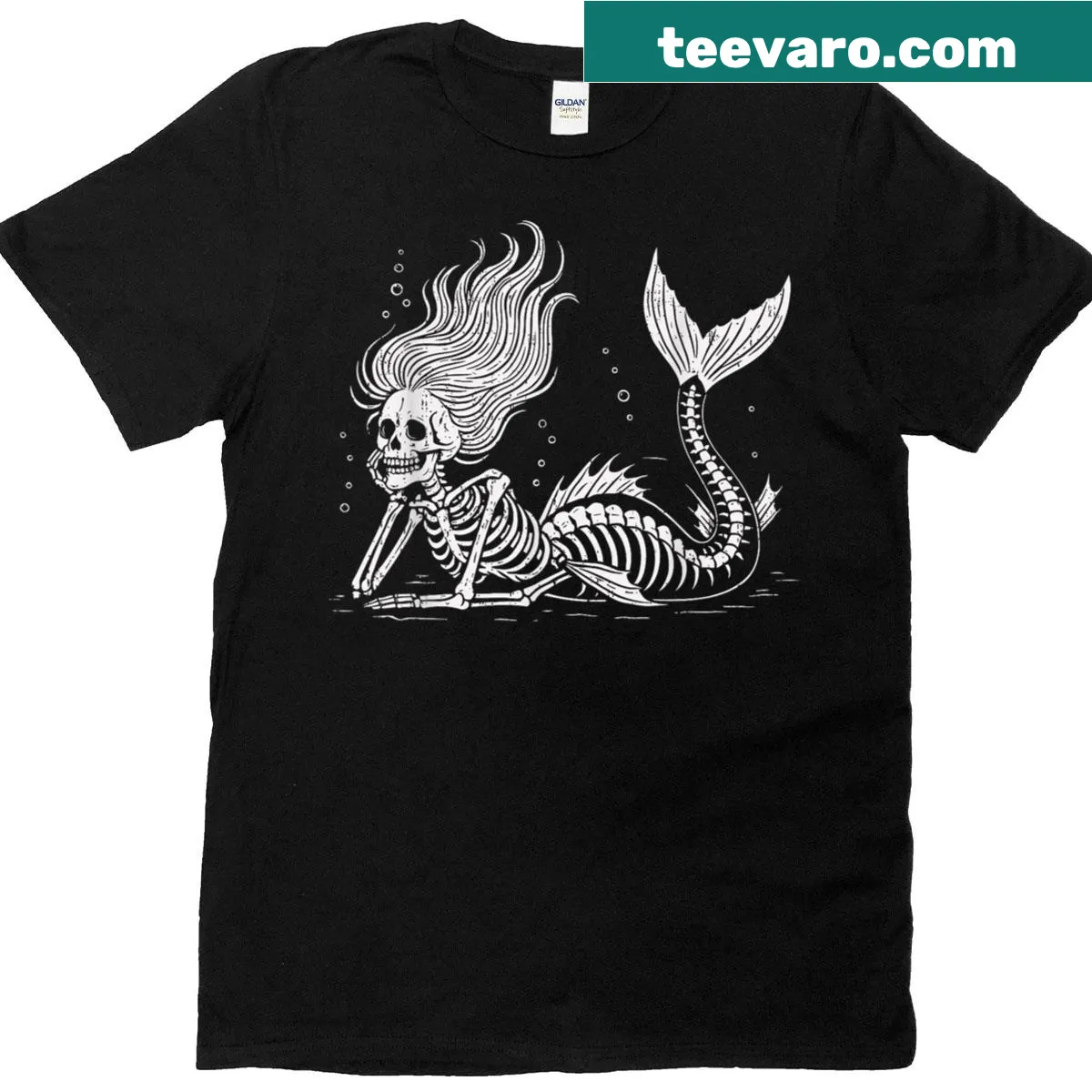Cartoon mermaid skeleton graphic for Halloween — on a men's t-shirt