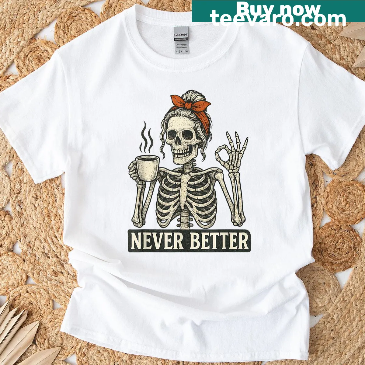 Cartoon skeleton with a messy bun and coffee on a humorous T-shirt — on a men's t-shirt