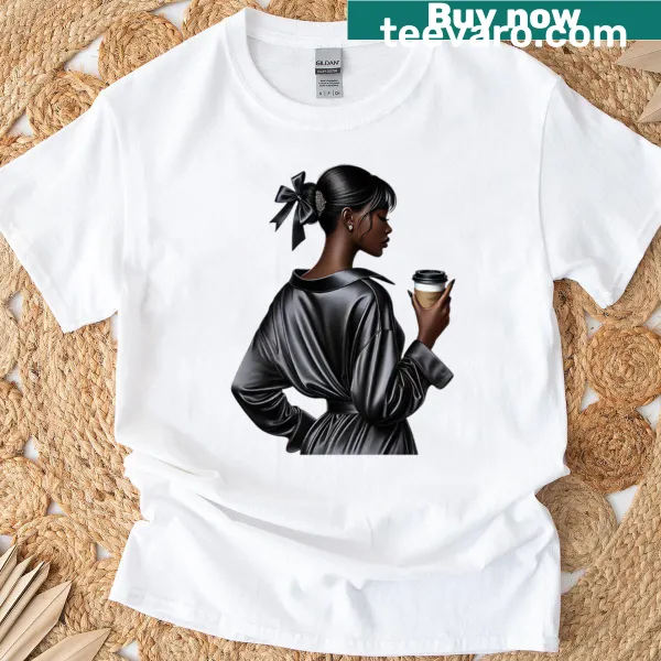 T-shirt showcasing an illustration of a Black woman enjoying coffee.