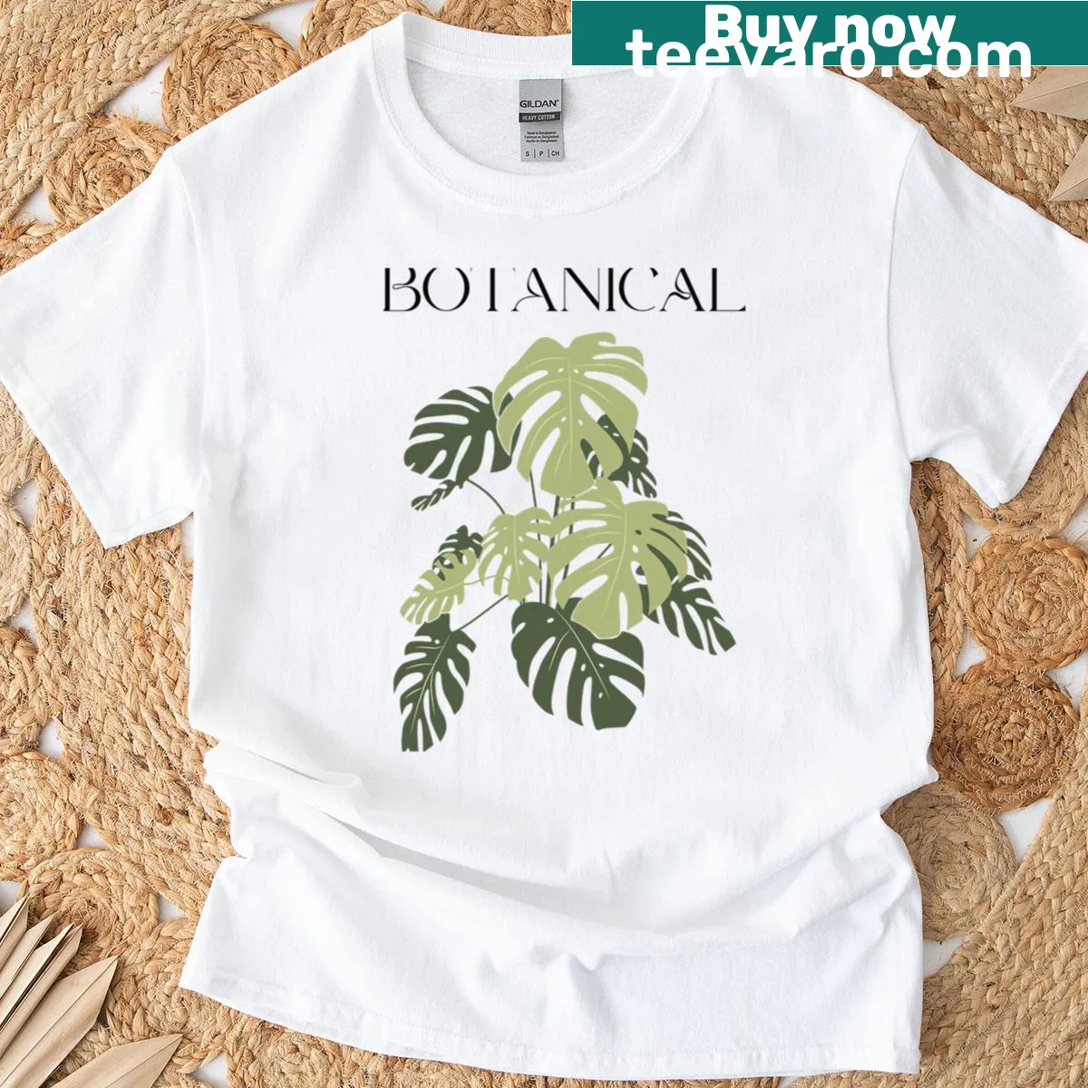 Stylized monstera leaf design on a tropical-themed t-shirt — on a men's t-shirt