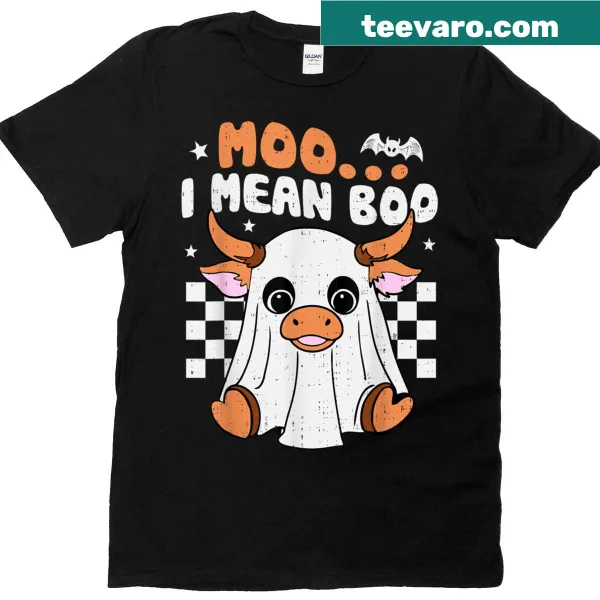 Funny Halloween T-shirt with a cow and ghost design saying 'Moo I Mean Boo.'