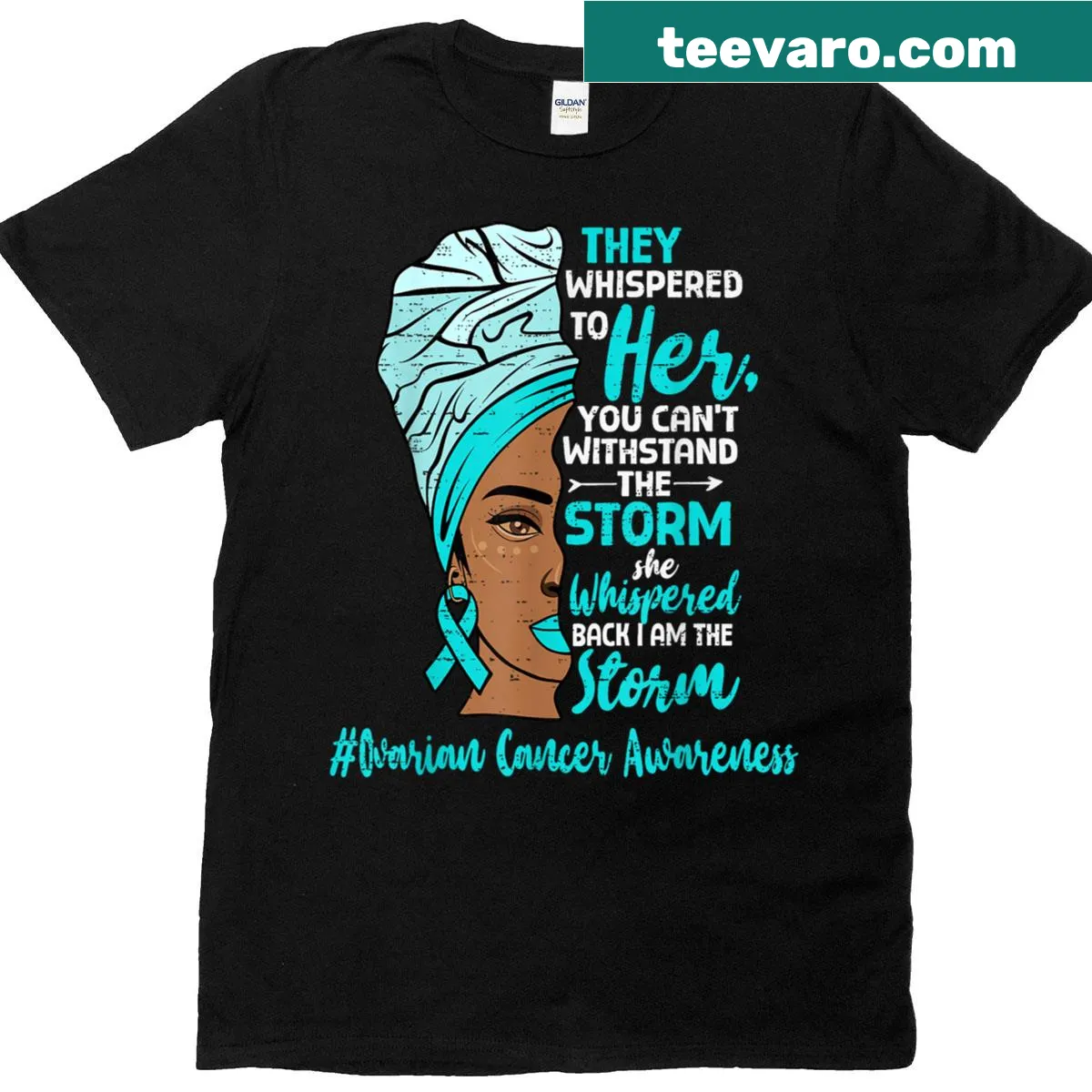 Inspirational T-shirt promoting ovarian cancer awareness for black women — on a men's t-shirt