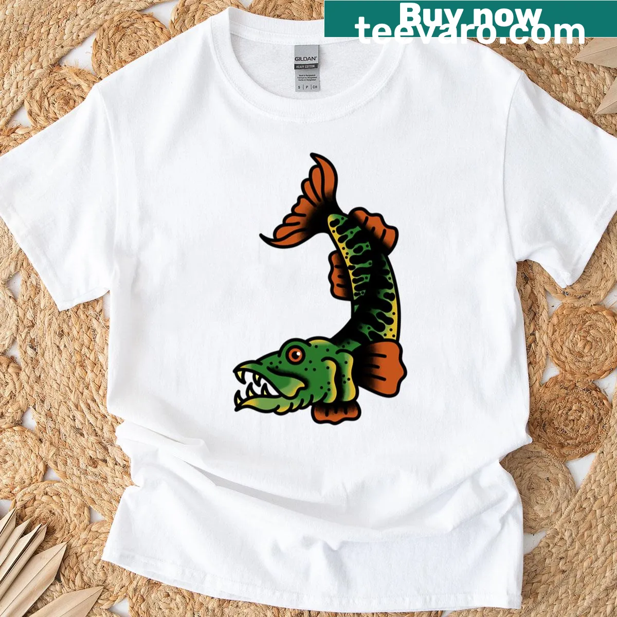 Tattoo-style muskie fish graphic on T-shirt — on a men's t-shirt