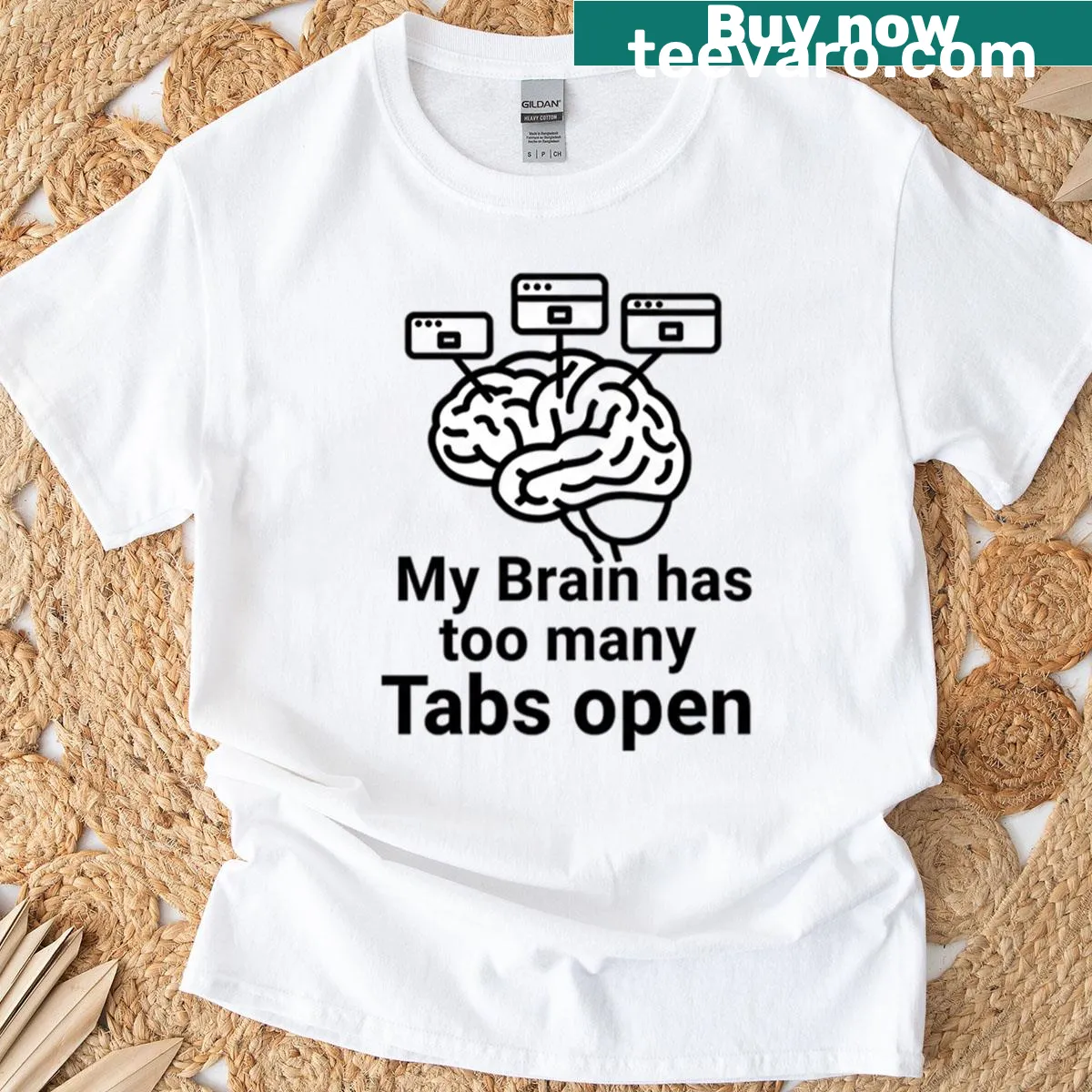 Humorous t-shirt depicting a cluttered mind with open tabs — on a men's t-shirt