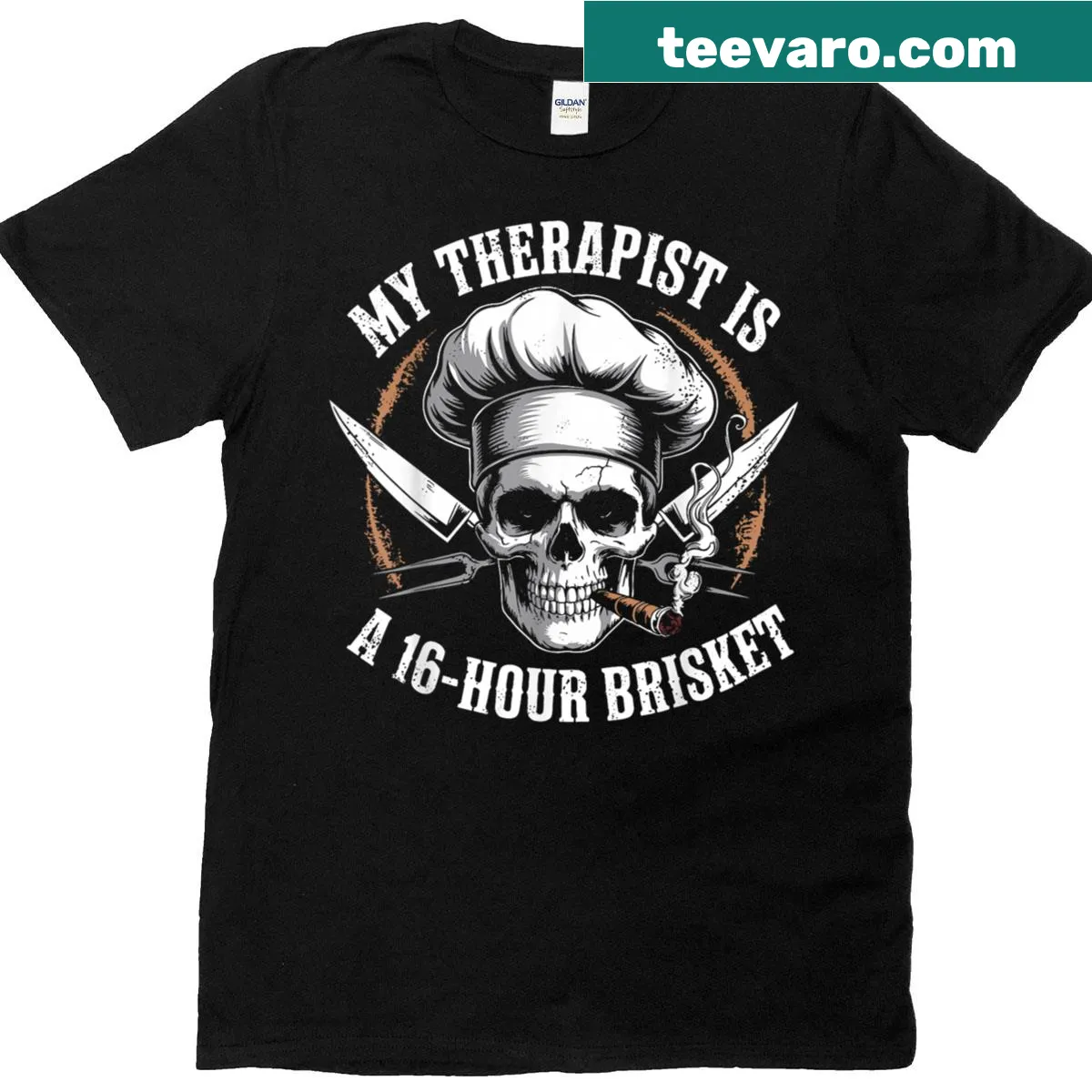 Funny vintage chef skull t-shirt with brisket phrase — on a men's t-shirt