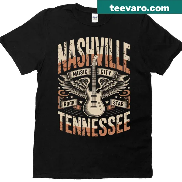 Vintage graphic T-shirt celebrating Nashville music with a rock star theme.