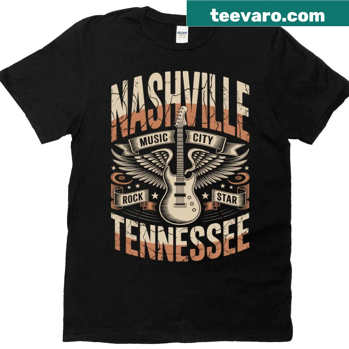 Vintage graphic T-shirt celebrating Nashville music with a rock star theme. — on a men's t-shirt