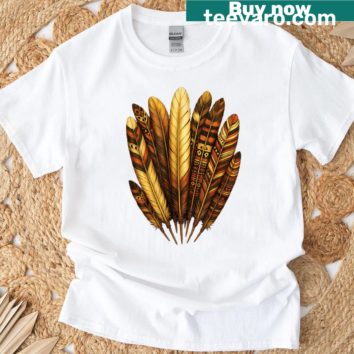 Vintage-inspired T-shirt with a tribal feather graphic — on a men's t-shirt