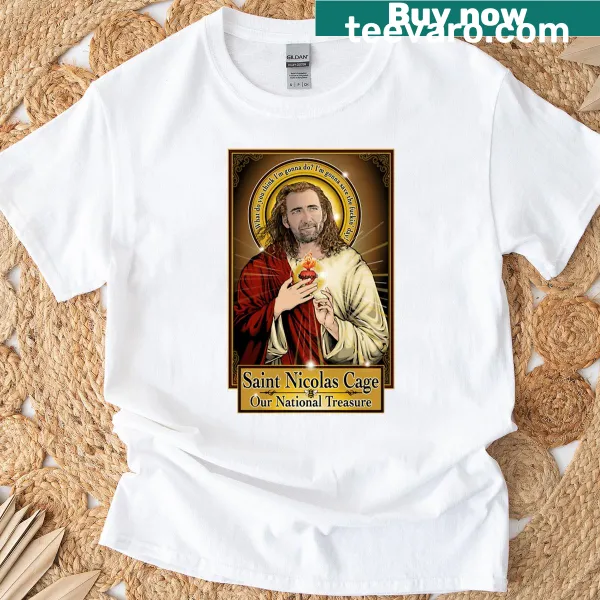 Humorous Nicolas Cage t-shirt with a whimsical illustration of the actor