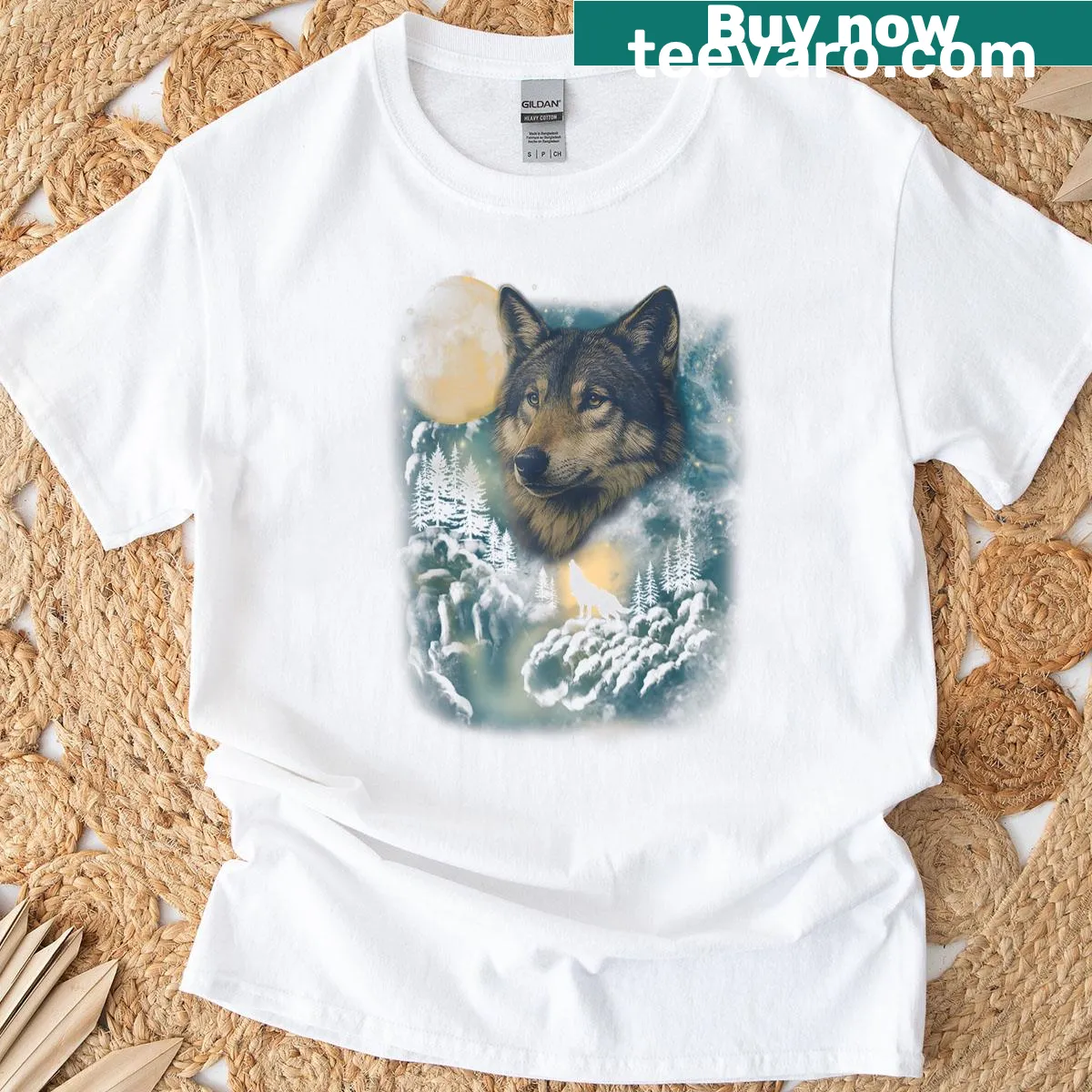 Vintage 90s wolf howling at the moon graphic T-shirt — on a men's t-shirt
