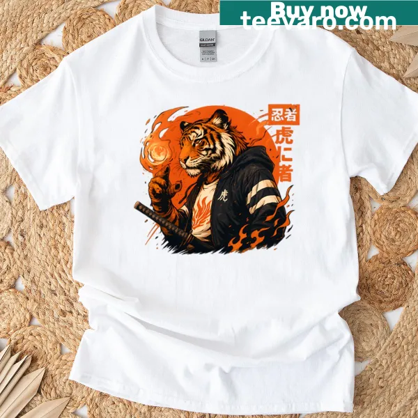 Cartoon-style T-shirt featuring a playful ninja tiger design