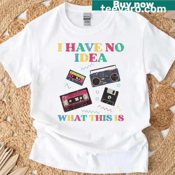Funny T-shirt featuring a cartoon cassette tape with the text 'No Idea What Is This Cassette'