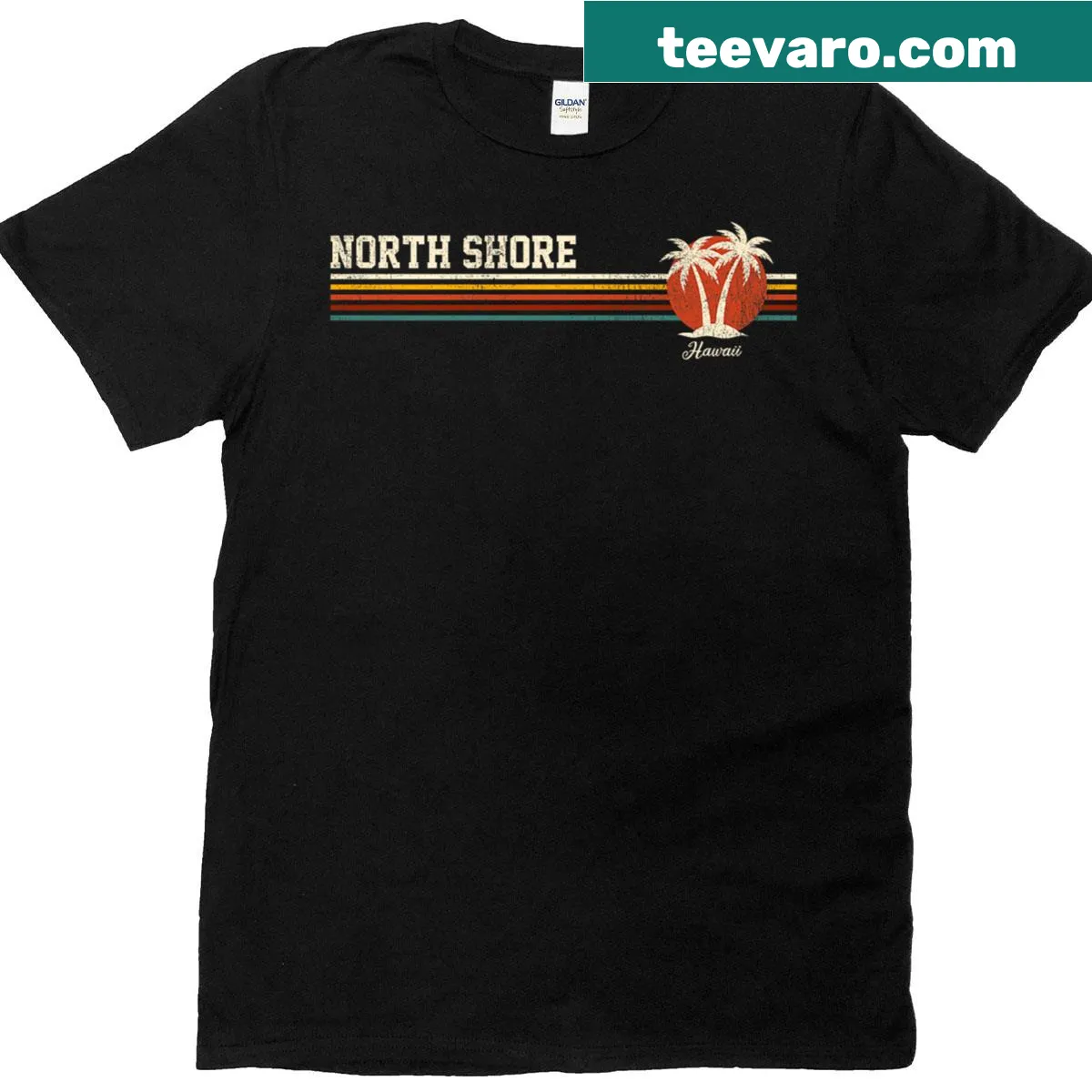 Vintage-style t-shirt with retro sunset and palm tree design — on a men's t-shirt
