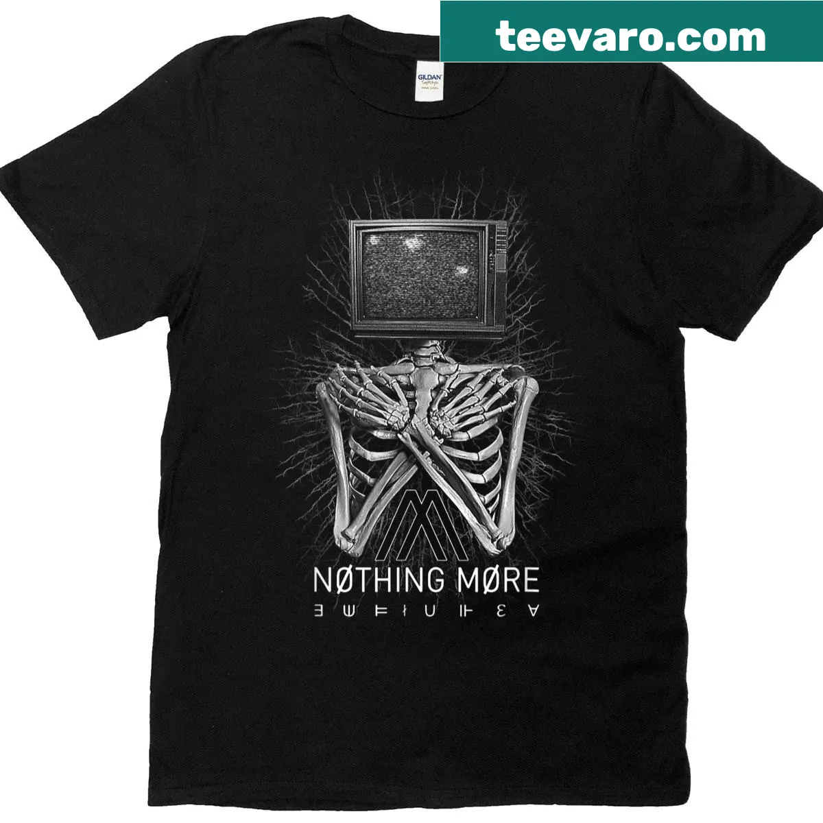 Skeleton graphic t-shirt inspired by Nothing More band — on a men's t-shirt