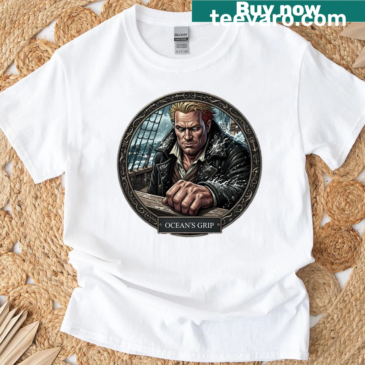Seafaring adventure t-shirt featuring waves and ships illustration — on a men's t-shirt