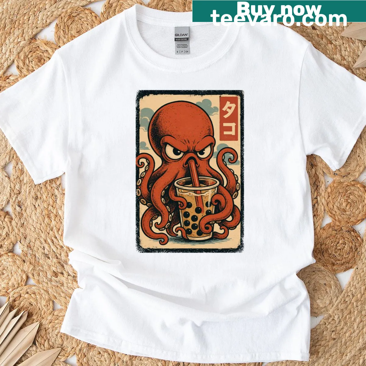 Cute octopus drinking bubble tea t-shirt design. — on a men's t-shirt