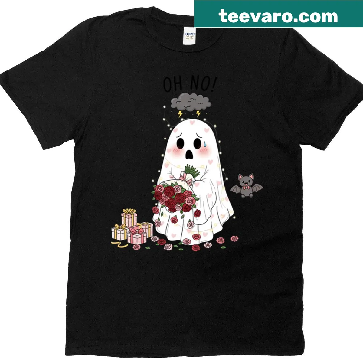 Cute ghost surrounded by flowers graphic on a women's t-shirt — on a men's t-shirt