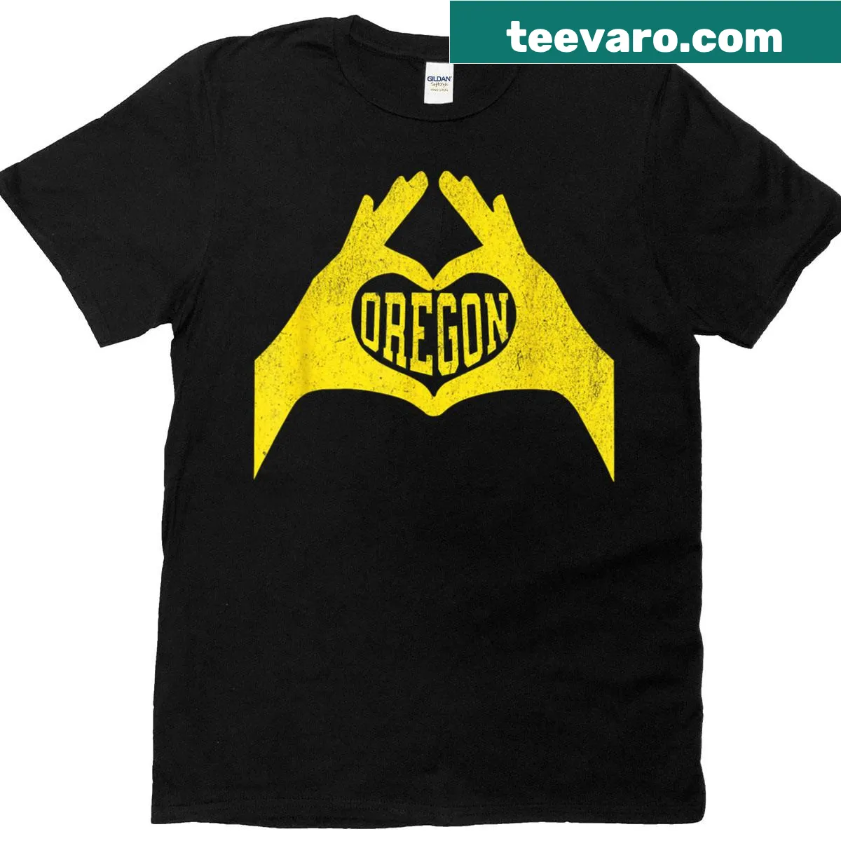 Retro Oregon T-shirt with a hand heart design — on a men's t-shirt