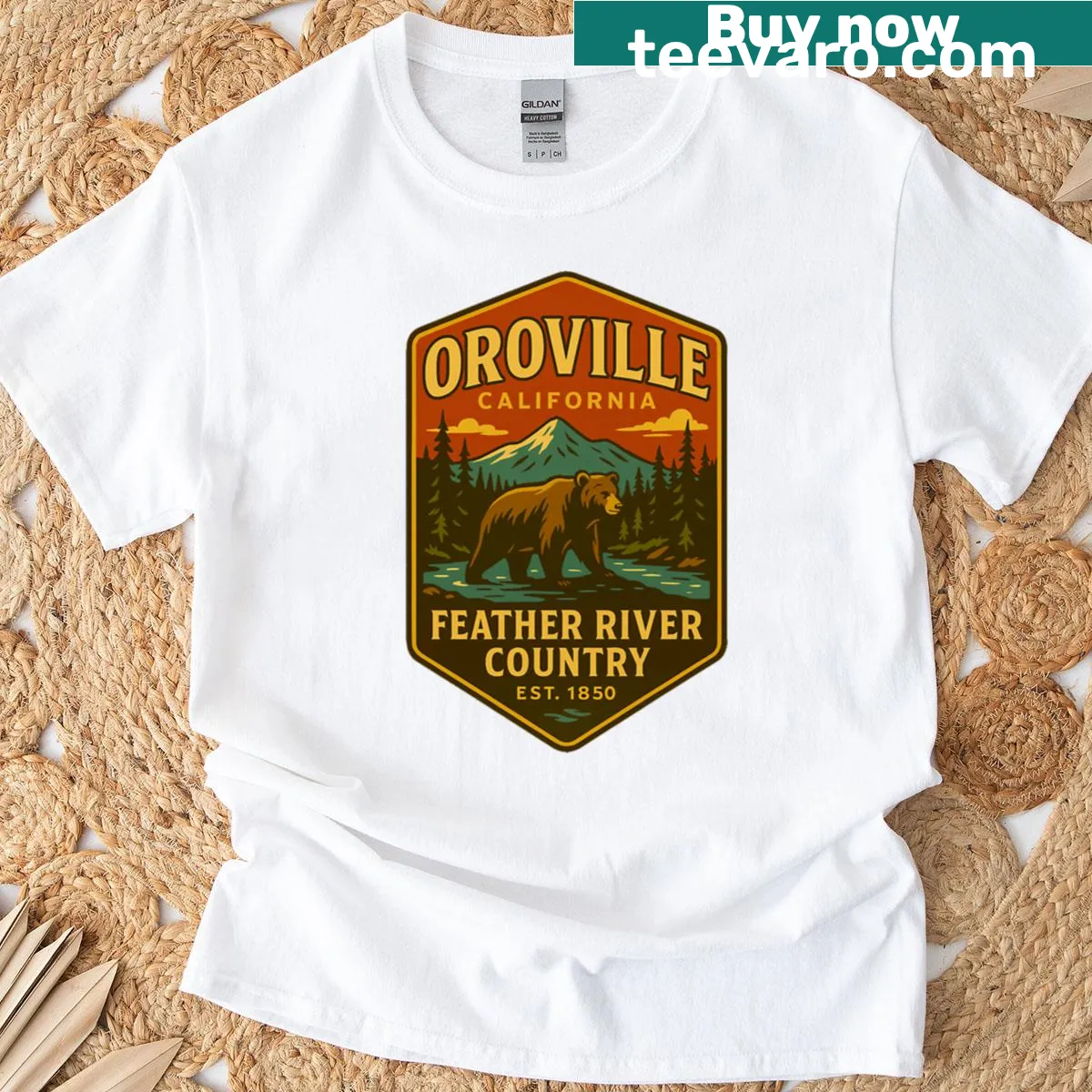 Vintage badge T-shirt representing Oroville and Feather River — on a men's t-shirt