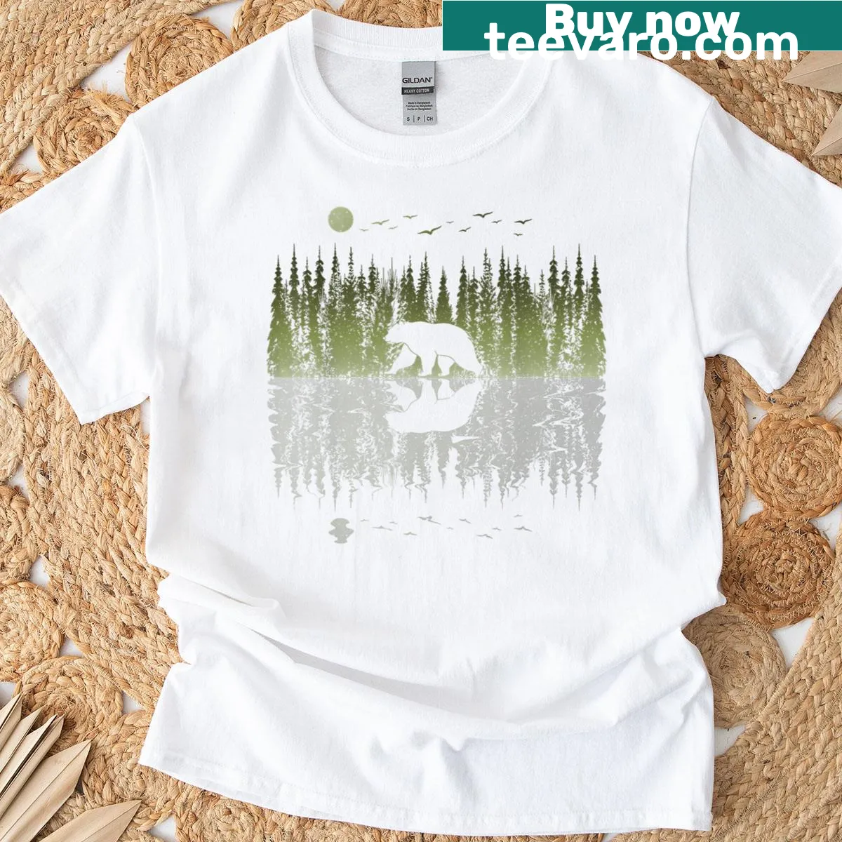 Nature t-shirt featuring a bear and trees reflecting in calm water — on a men's t-shirt