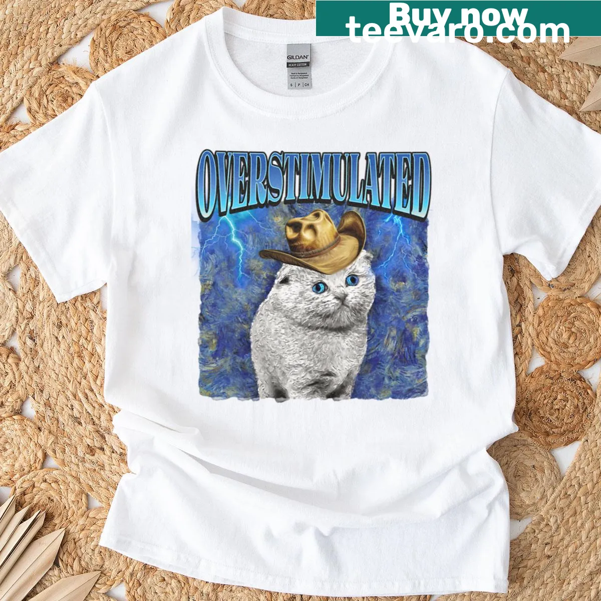 Cartoon sad cowboy cat in Van Gogh style on a humorous t-shirt — on a men's t-shirt