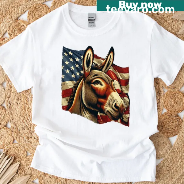Patriotic donkey graphic with American flag on T-shirt