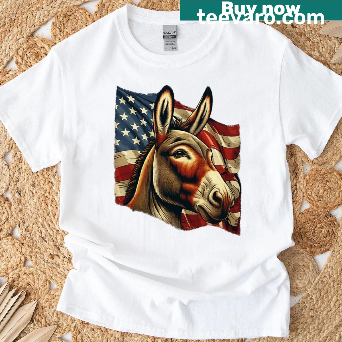 Patriotic donkey graphic with American flag on T-shirt — on a men's t-shirt