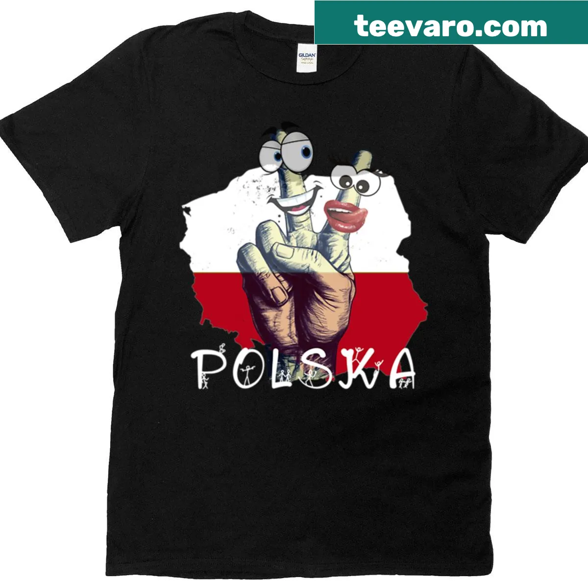 Illustrative graphic of a hand promoting peace and community for Poland — on a men's t-shirt