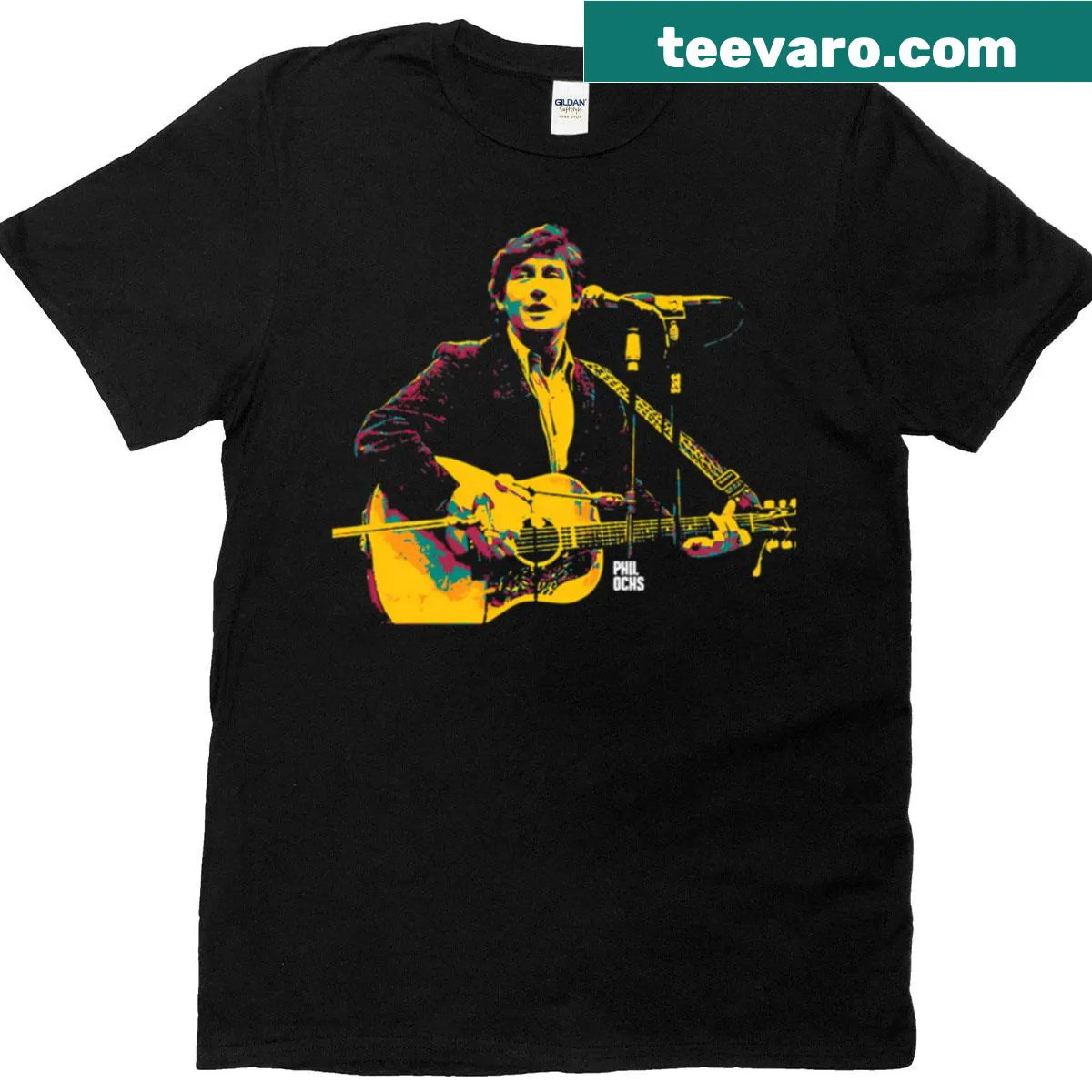 Tribute t-shirt featuring Phil Ochs with a sardonic quote — on a men's t-shirt