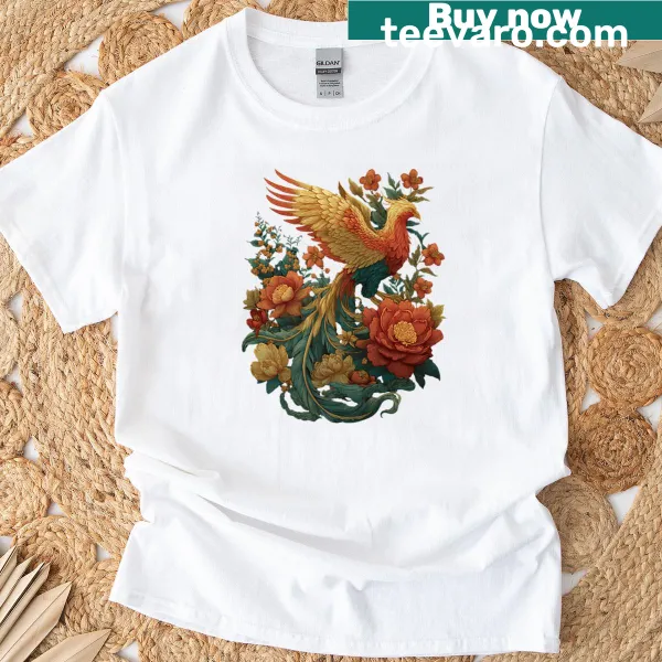 Illustrated T-shirt featuring a phoenix surrounded by vintage floral designs