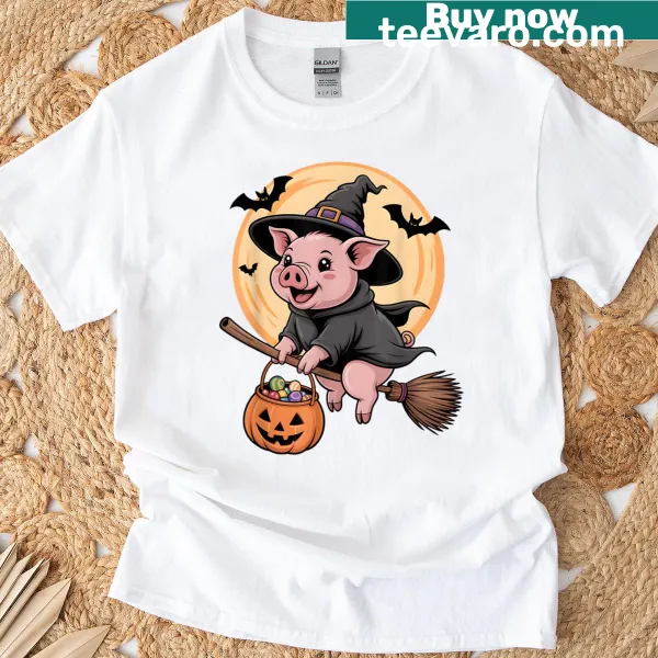 Funny Halloween t-shirt with pig in witch hat and pumpkins design