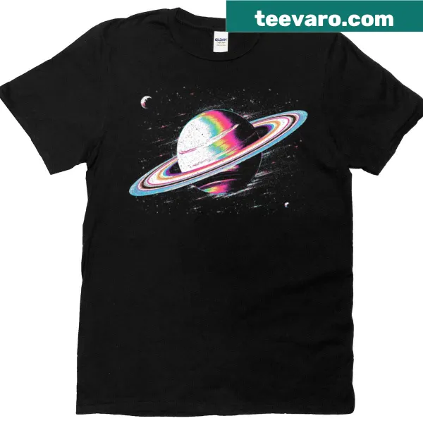 Psychedelic T-shirt featuring Saturn and cosmic art