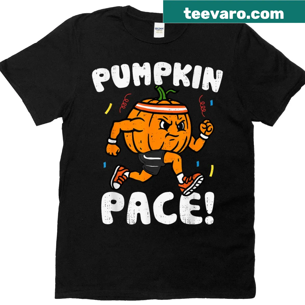 Funny Halloween-themed running T-shirt with 'Pumpkin Pace' text — on a men's t-shirt