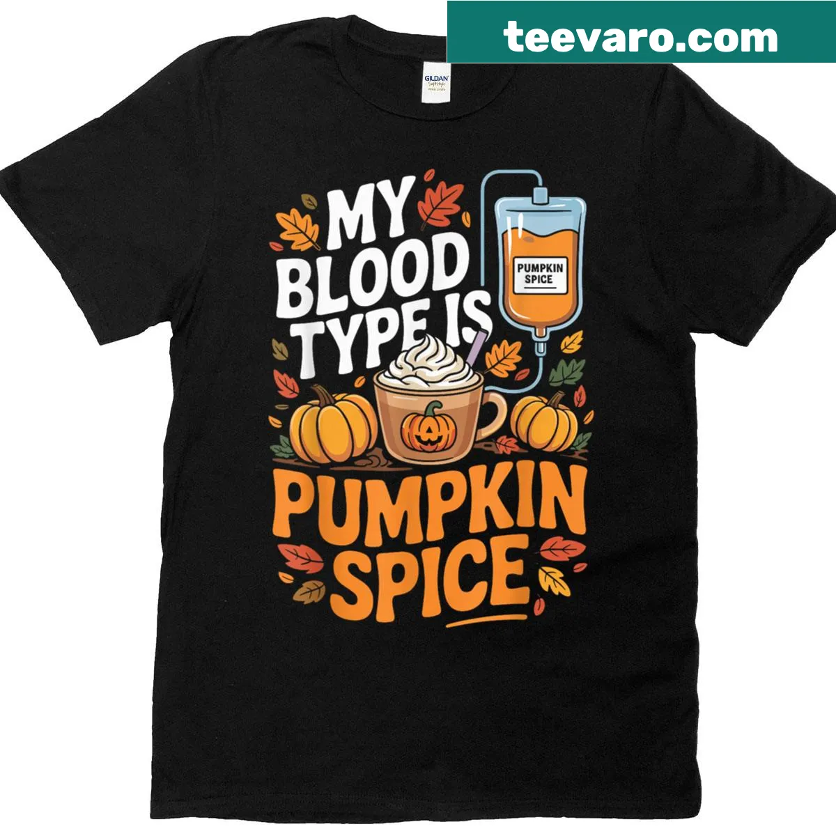 Humorous pumpkin spice themed coffee lover T-shirt — on a men's t-shirt