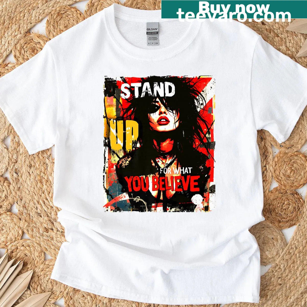 Retro punk girl t-shirt with distressed 90s graffiti art — on a men's t-shirt