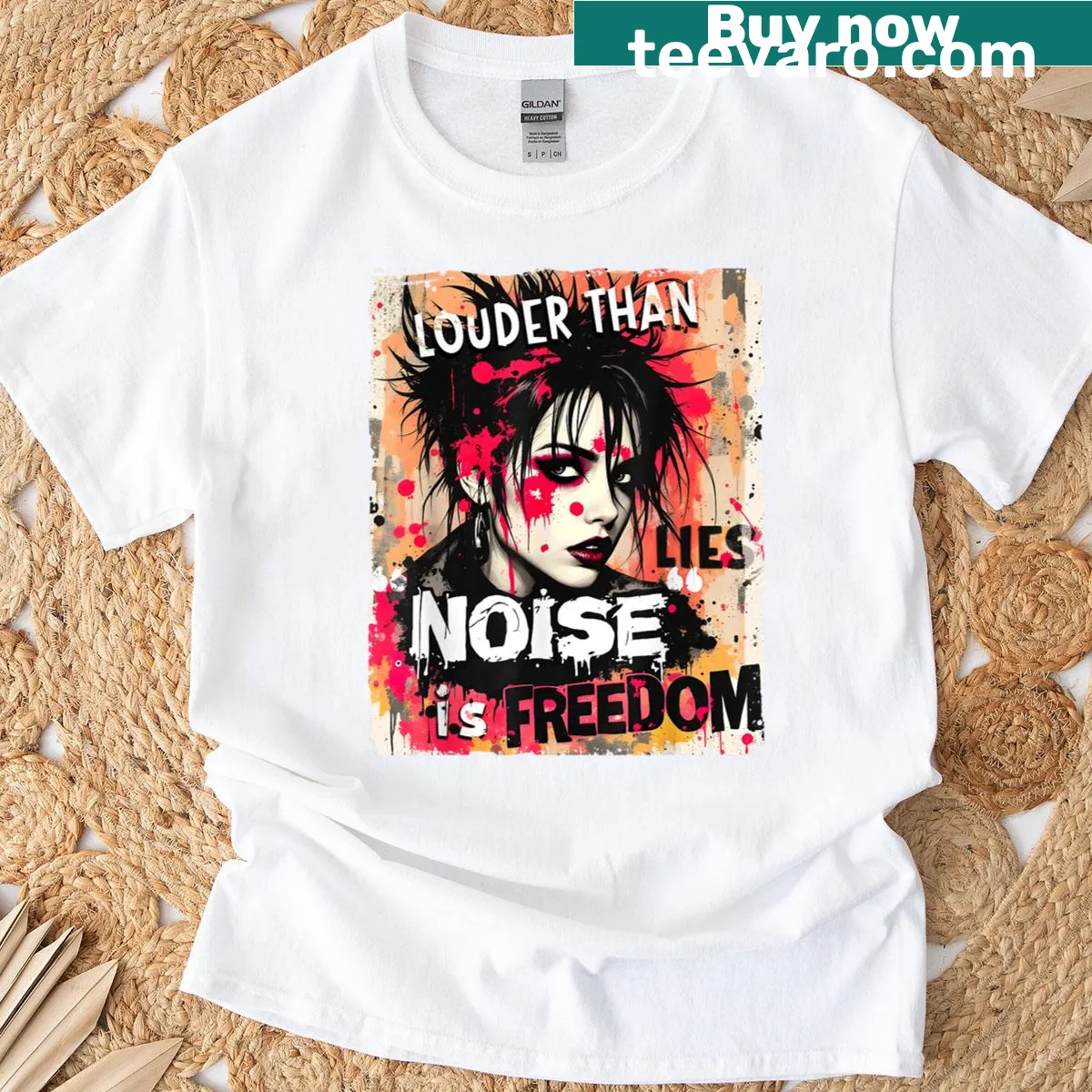 90s distressed T-shirt featuring a punk woman in graffiti style — on a men's t-shirt