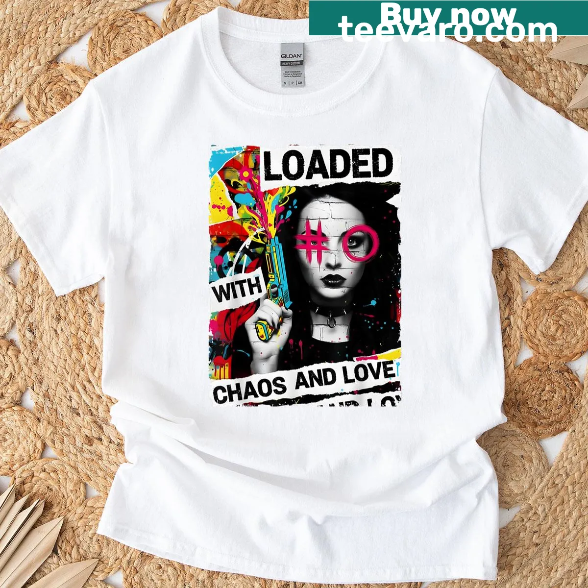 Vintage distressed t-shirt featuring a punk woman with urban graffiti. — on a men's t-shirt