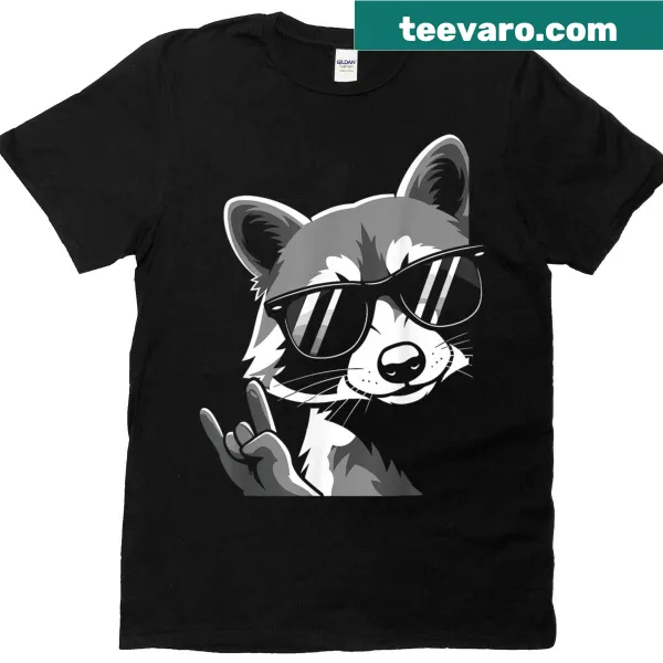 Raccoon wearing sunglasses in a rock and roll pose on a vintage tee