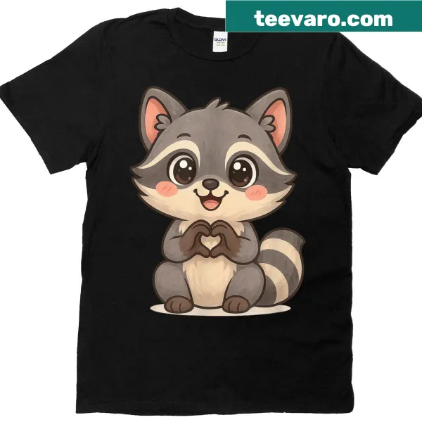 Cute t-shirt with a raccoon making heart hands