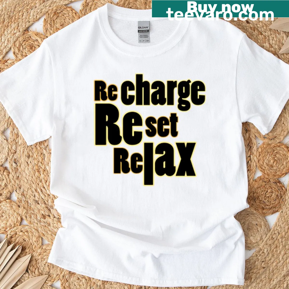 T-shirt with a self-care message reminding to recharge and relax — on a men's t-shirt