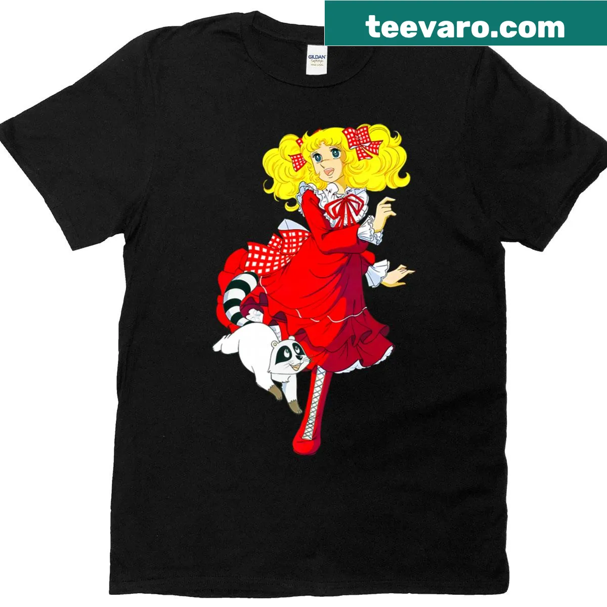 Candy-themed cartoon t-shirt inspired by 80s Japanese anime — on a men's t-shirt