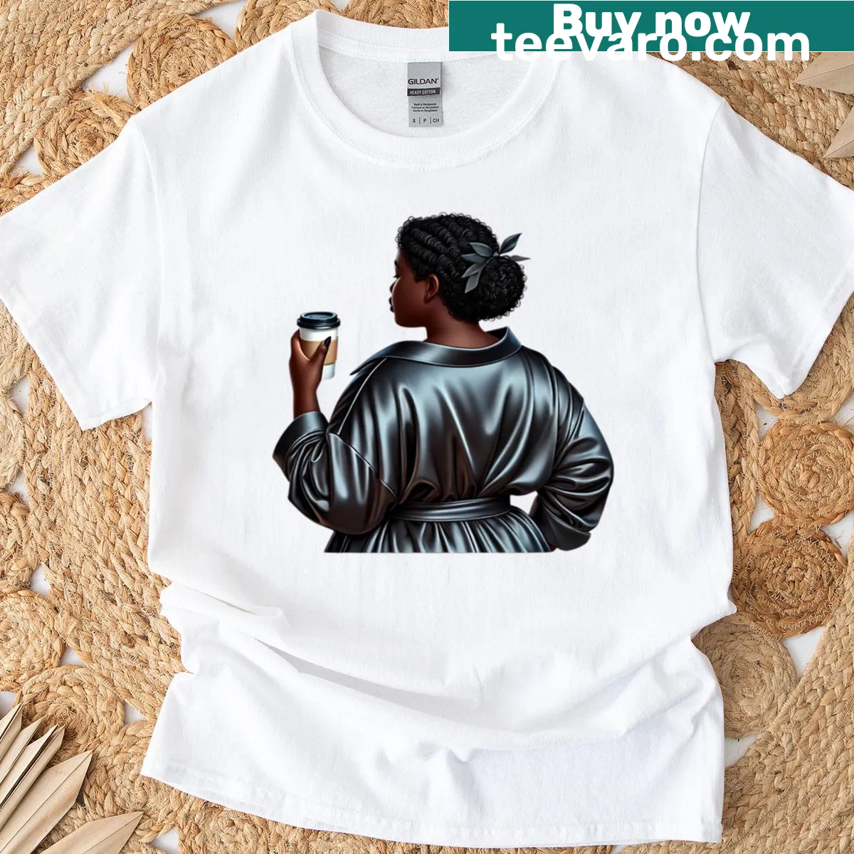 Stylish digital art of a Black girl holding coffee on a t-shirt — on a men's t-shirt