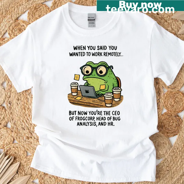Cartoon frog in a suit graphic T-shirt for remote work humor