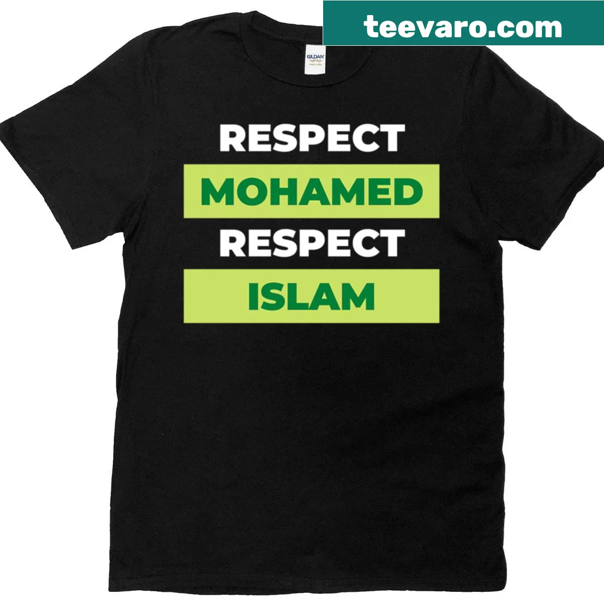 Text design promoting respect for Mohamed and Islam — on a men's t-shirt