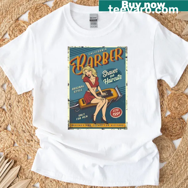 Vintage style T-shirt featuring barber tools and a humorous slogan about beards