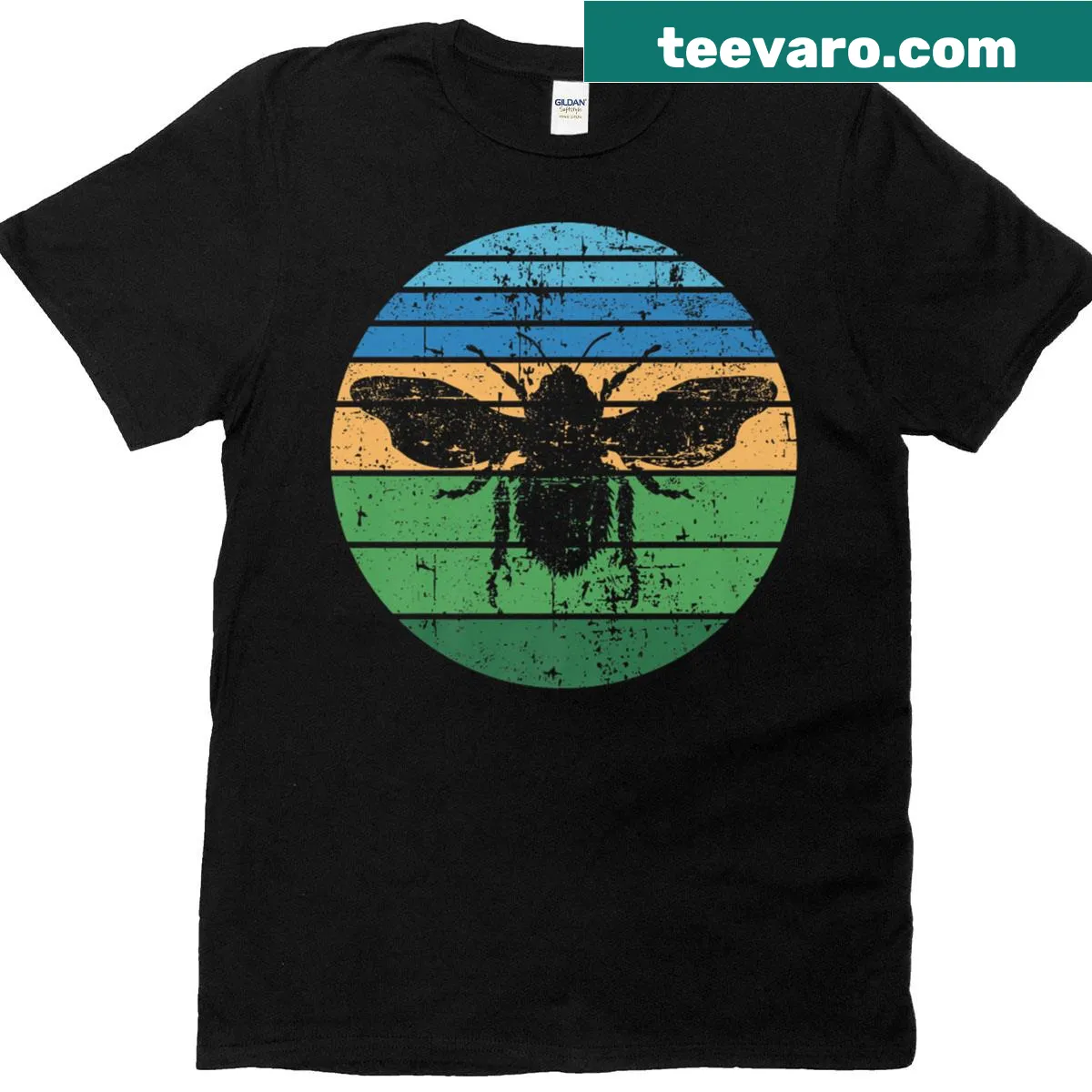 Vintage-style T-shirt featuring a bee and sunset design — on a men's t-shirt
