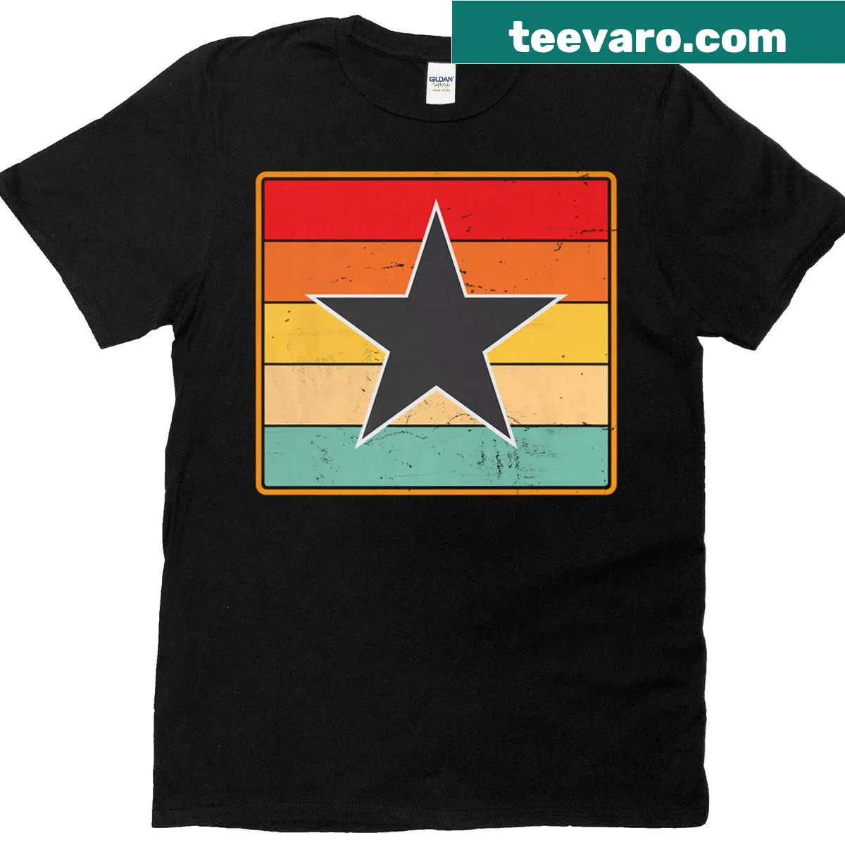 Retro black star and rainbow sunset graphic on a t-shirt. — on a men's t-shirt