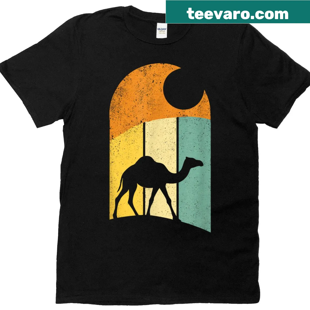 Camel silhouette T-shirt depicting desert exploration — on a men's t-shirt