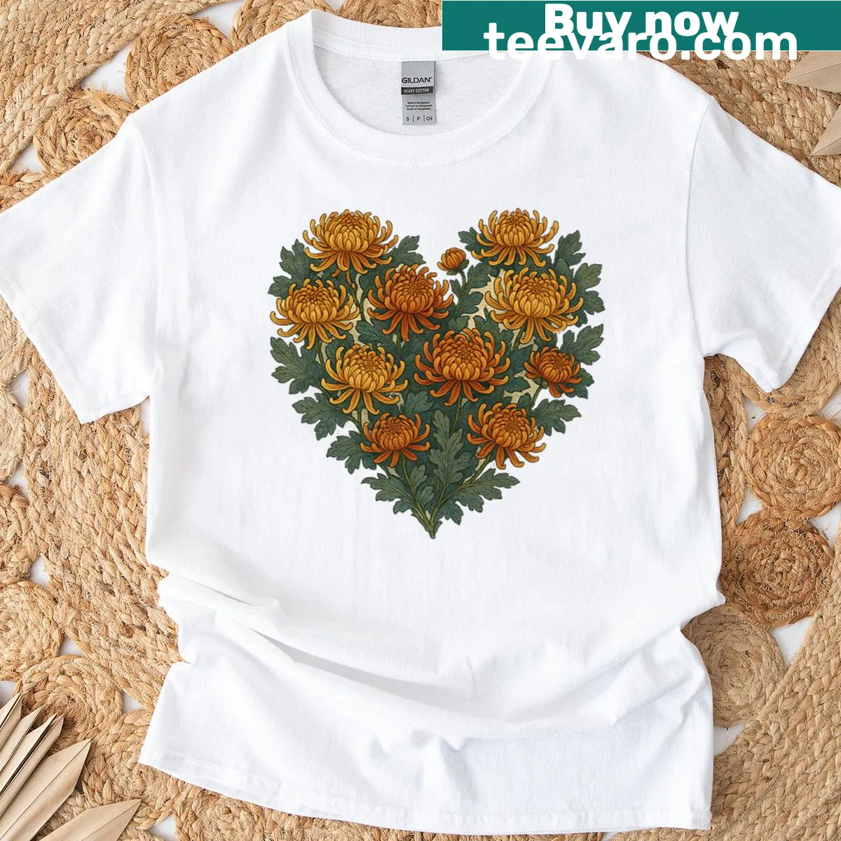 T-shirt featuring a vintage chrysanthemum flower design — on a men's t-shirt