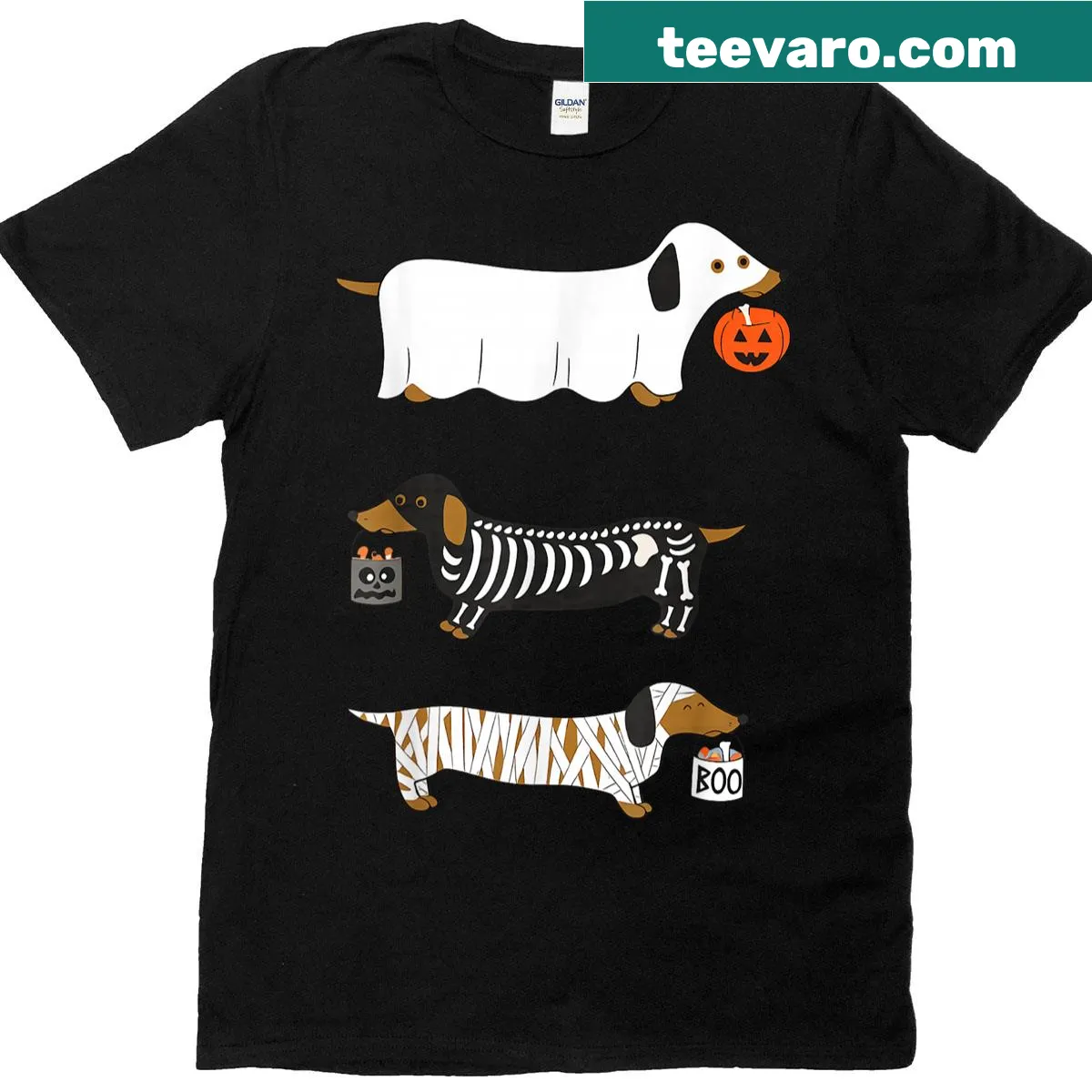 Cartoon dachshund witch with pumpkins on Halloween t-shirt — on a men's t-shirt